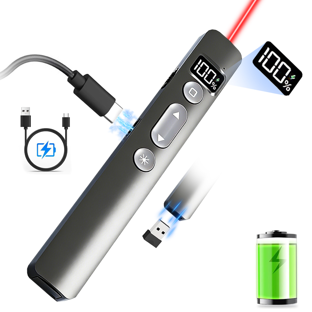 Laser Pointer Presenter - Draadloze Presenter Afstandsbediening, Oplaadbare USB A&C